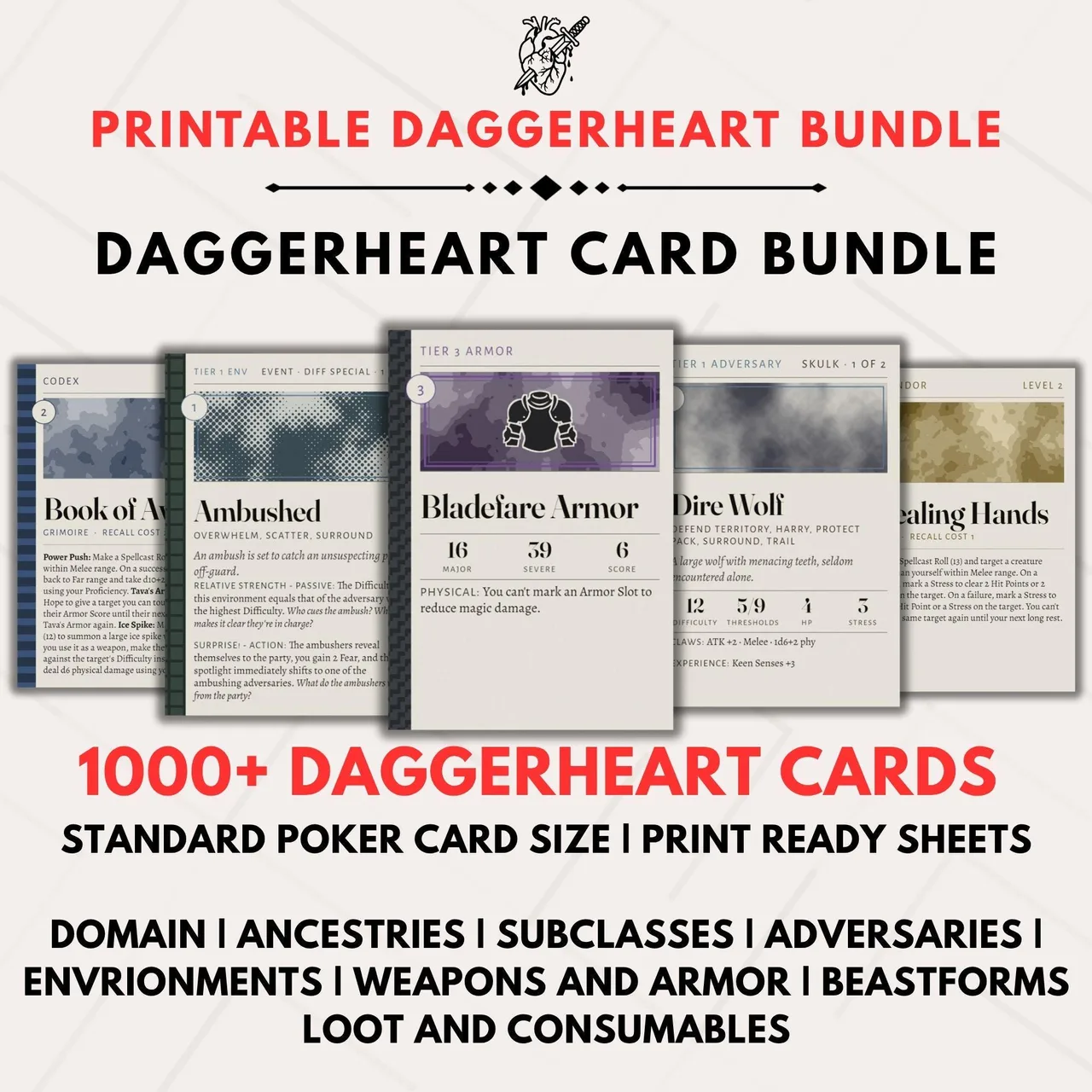 Printable Daggerheart compatible card bundle, 797 poker size cards across ten piles