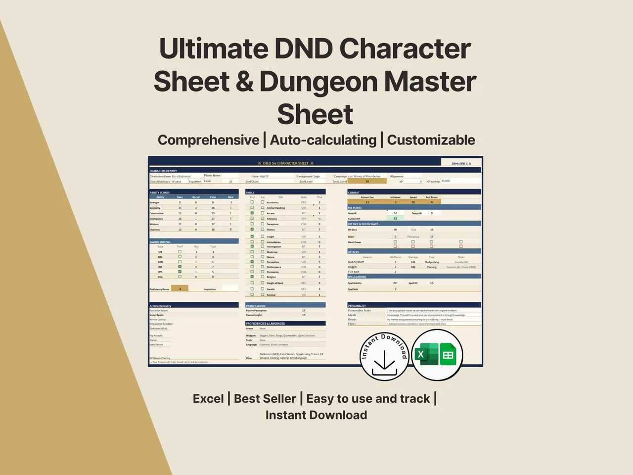 Automated D&D 5e character sheet spreadsheet for Excel and Google Sheets