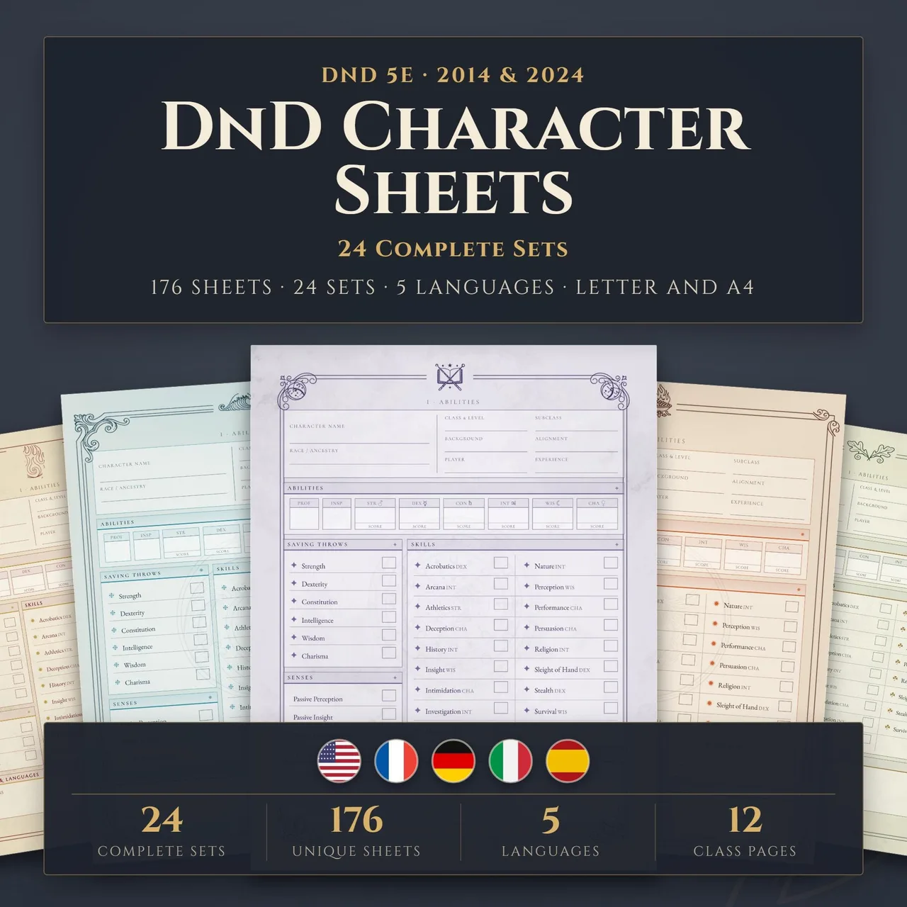 Printable D&D 5e character sheet pack with a dedicated page for every class