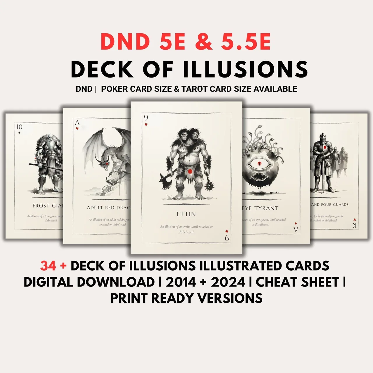Printable D&D 5e Deck of Illusions cards in 2014 and 2024 editions, poker and tarot size