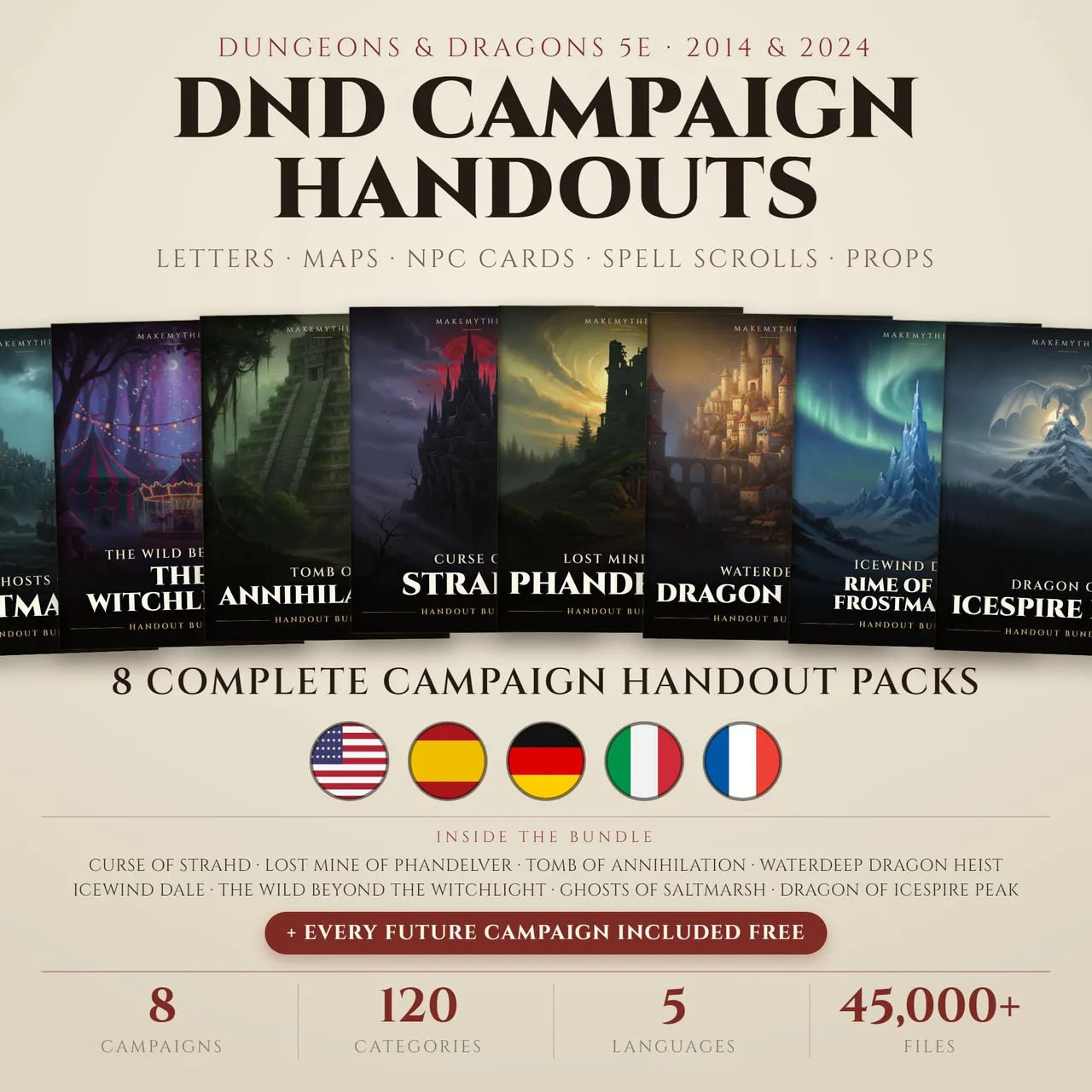 Printable DnD handout bundle covering eight complete 5e campaigns with props, maps, cards and tokens