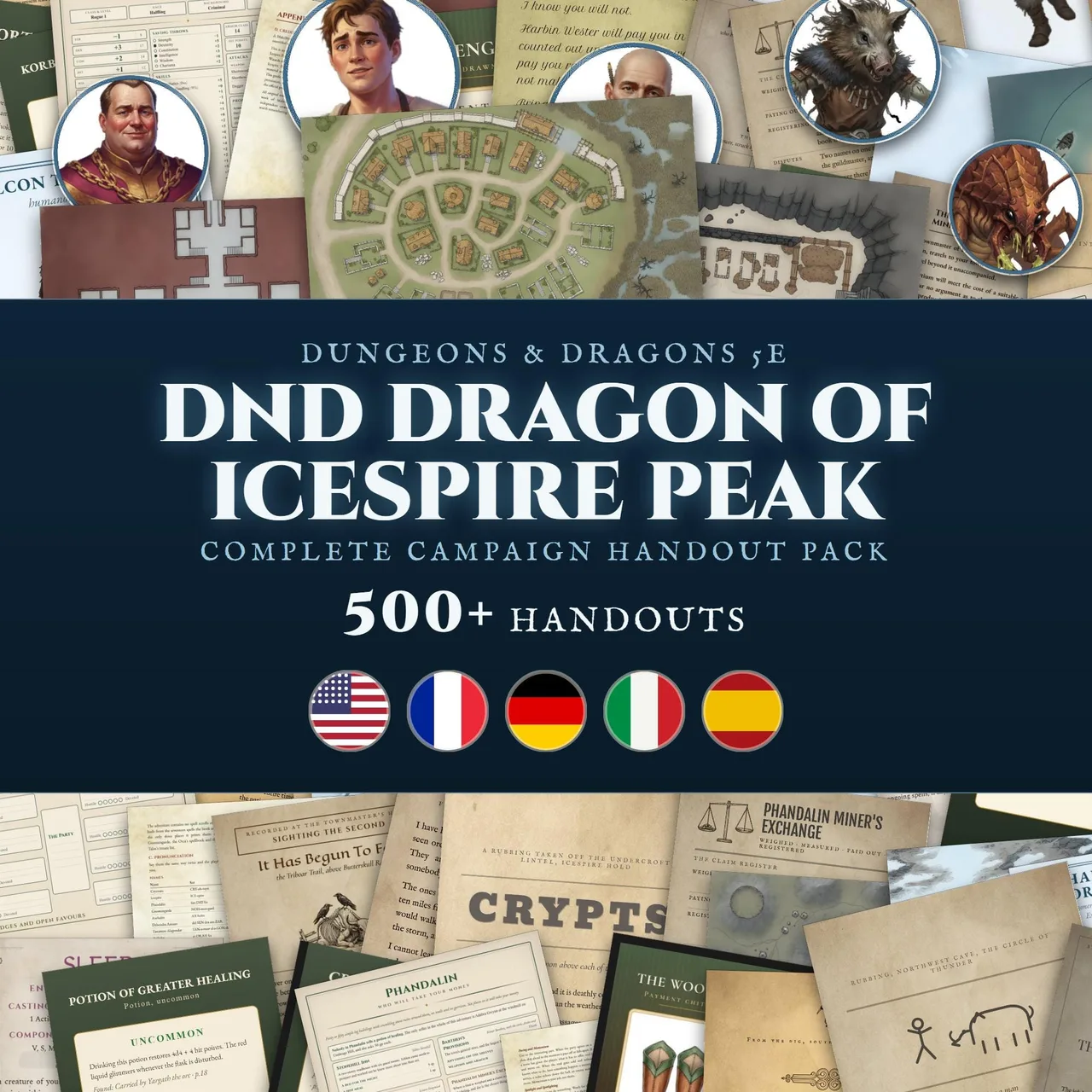 Printable Dragon of Icespire Peak DnD handout bundle with props, quest posters, maps and NPC cards