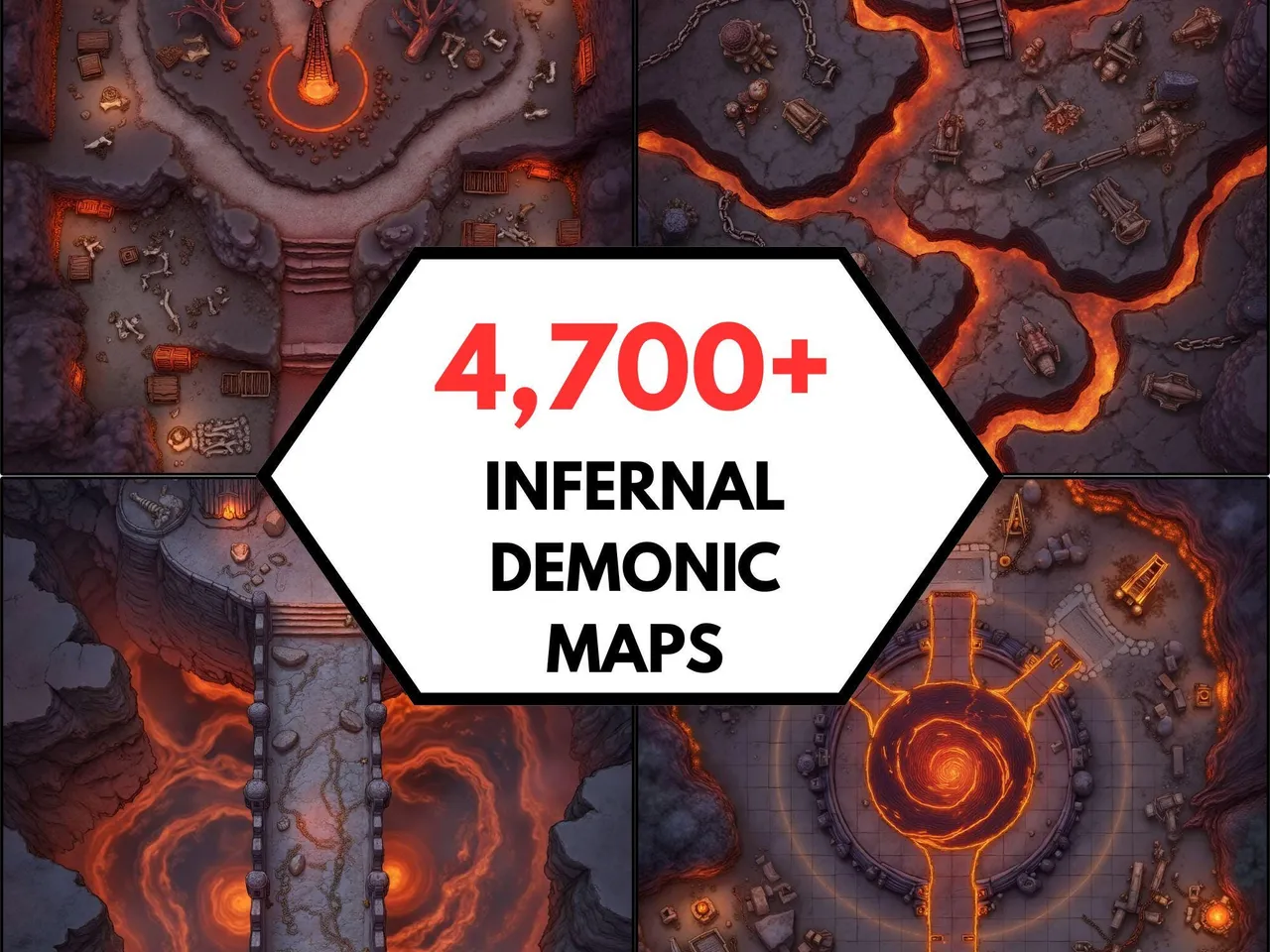 Infernal hellscape, volcano and demon D&D battlemaps for VTT and print