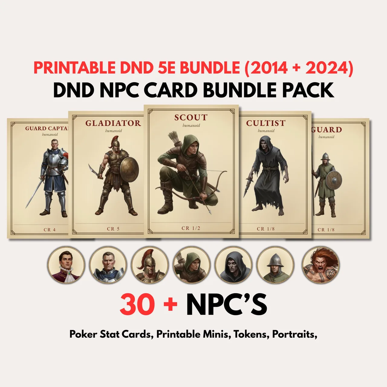 Printable D&D 5e NPC cards with stat blocks, tokens and paper minis