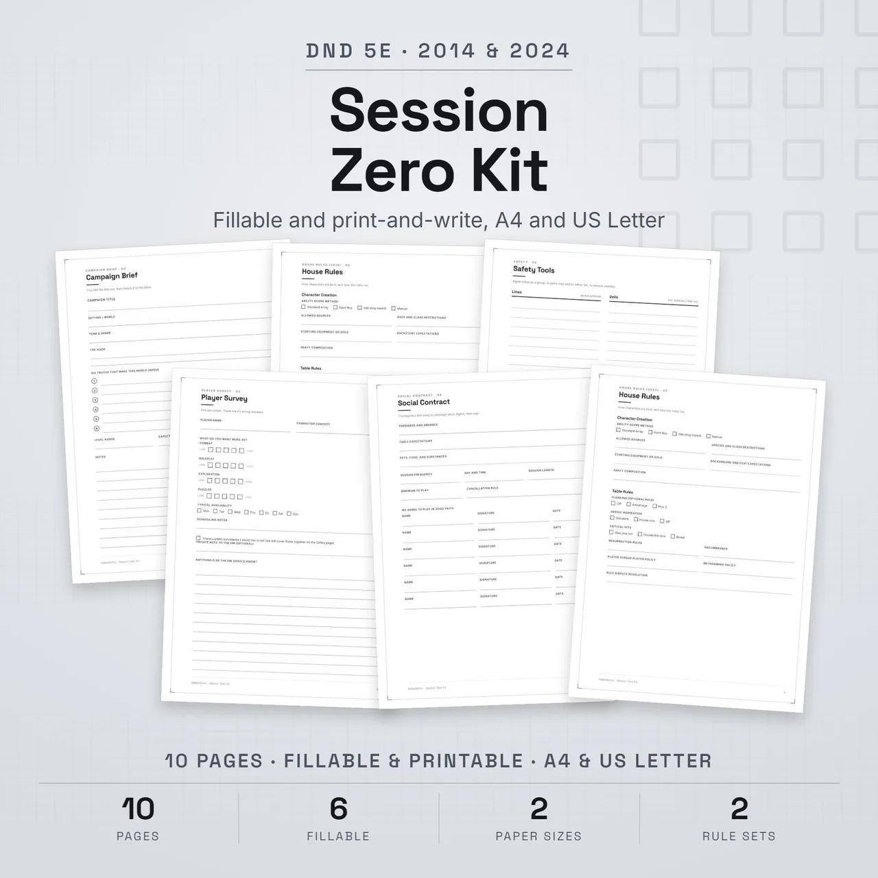 Printable and fillable DnD session zero worksheets covering tone, boundaries, house rules and party connections