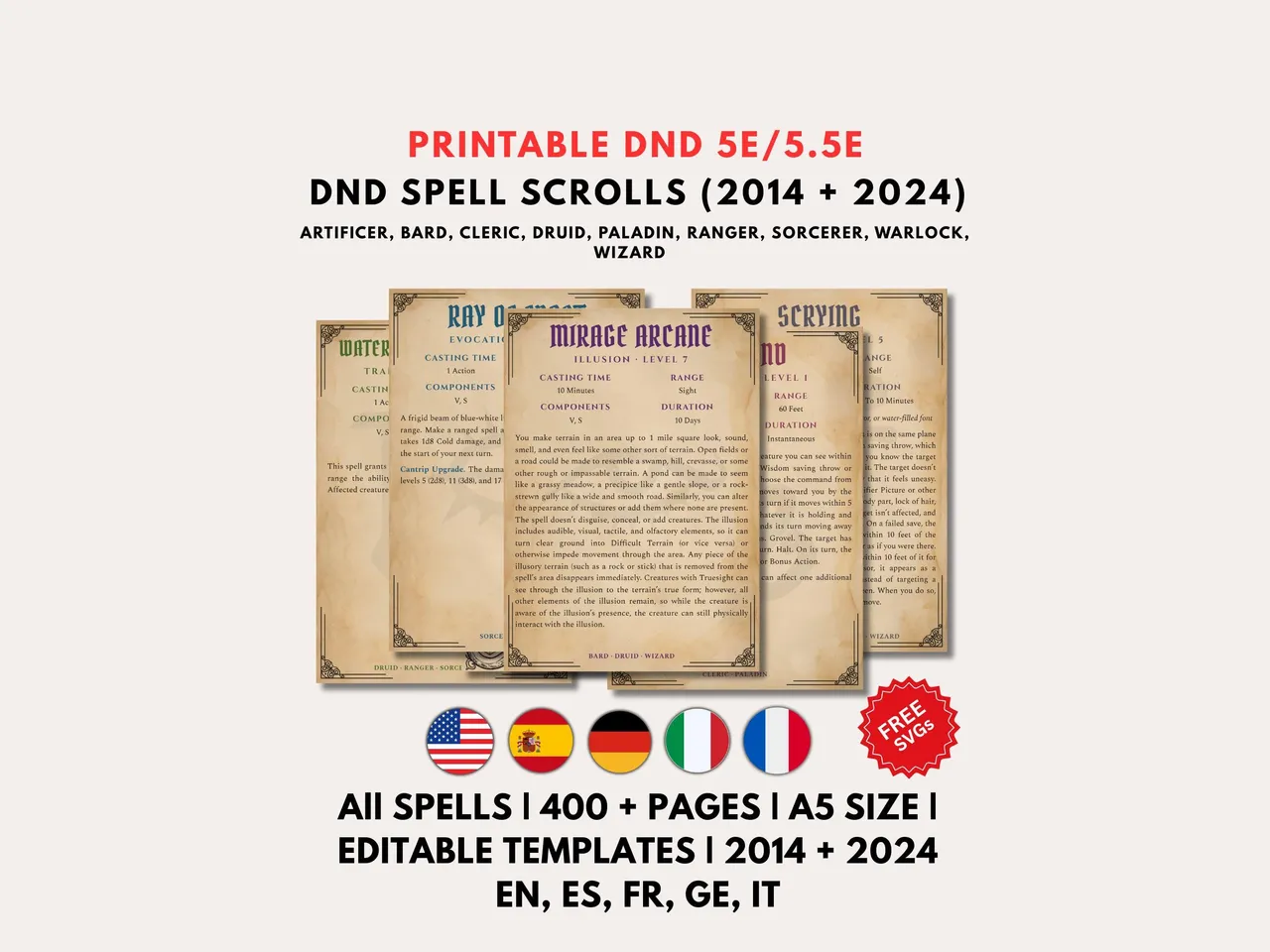 Illustrated printable DnD spell scroll cards for 5e 2014 and 2024