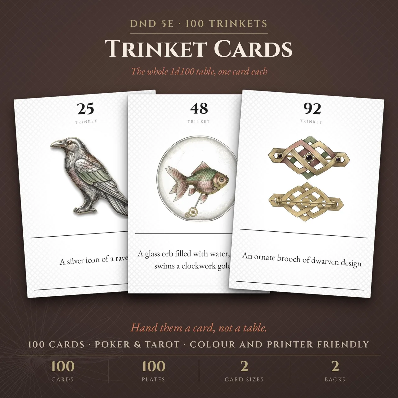 100 illustrated printable D&D 5e trinket cards covering the full d100 trinket table