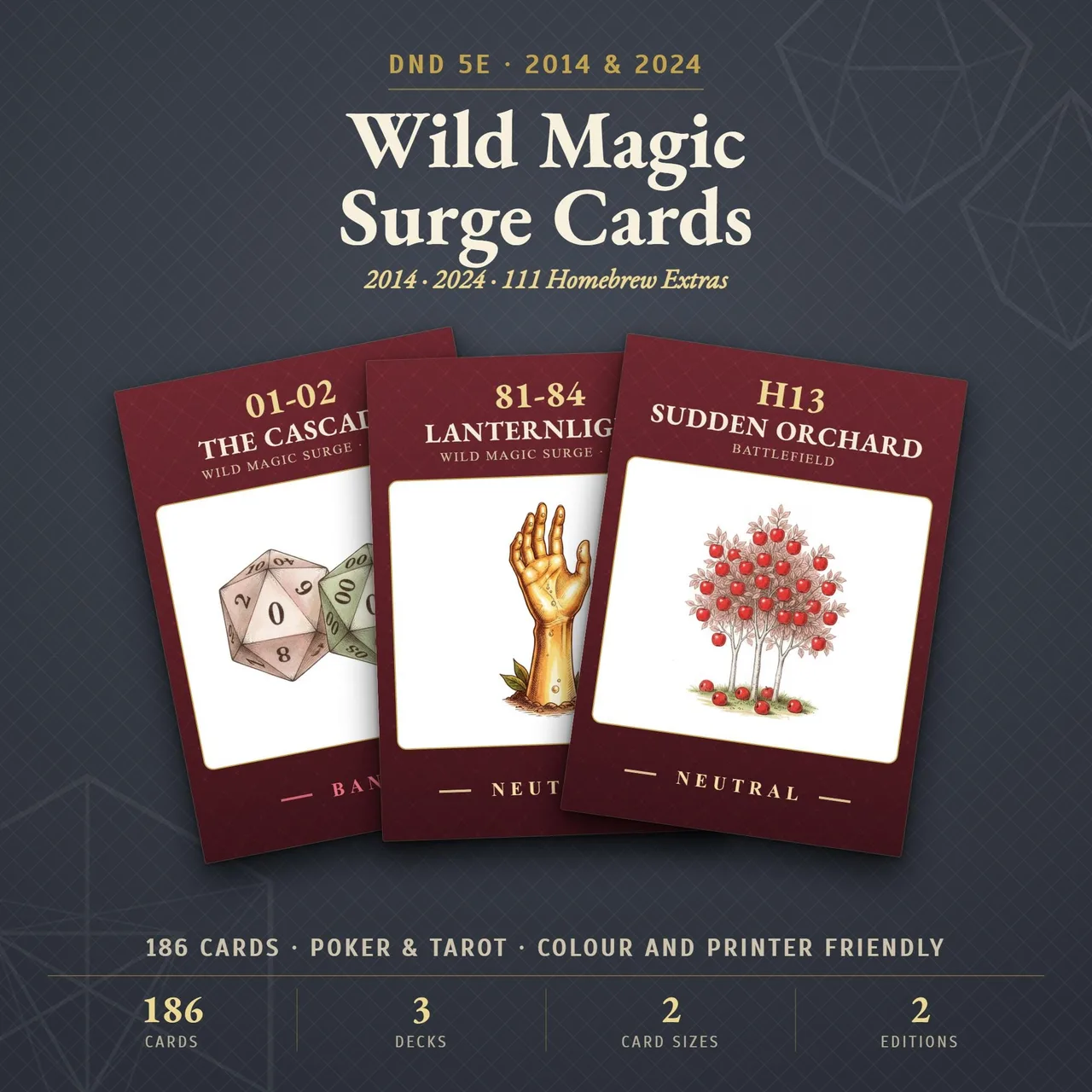 Printable D&D 5e wild magic surge card deck covering the 2014 and 2024 tables